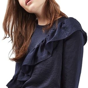 Topshop Navy Blue Satin Ruffle Blouse